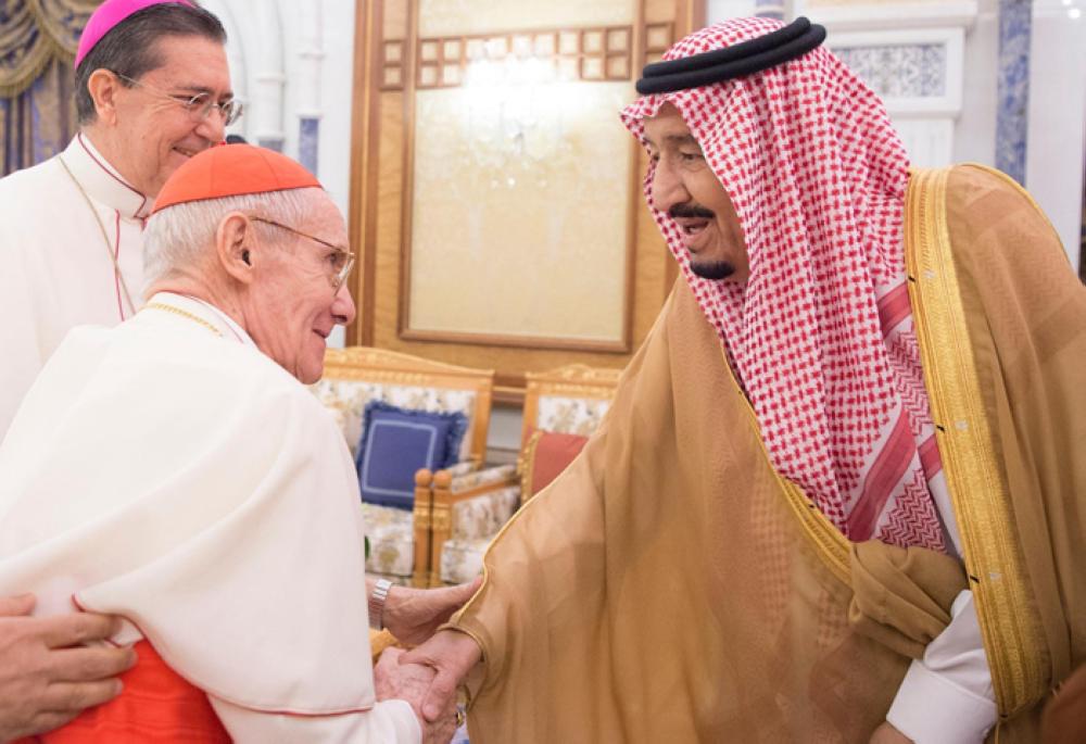 Custodian of the Two Holy Mosques King Salman received at Al-Yamamah Palace in Riyadh on Wednesday Cardinal Jean-Louis Pierre Tauran, president of the Pontifical Council for Interreligious Dialogue in the Roman Curia. During the meeting they emphasized that the followers of religions and cultures must renounce violence, extremism and terrorism to achieve security and stability in the world. — SPA