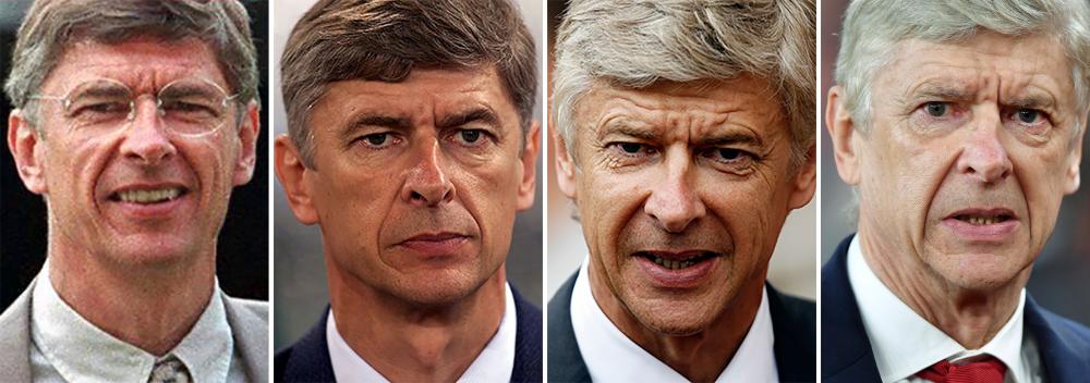 A combination of pictures created in London on September 22, 2016 shows (L-R) Arsenal’s manager Frenchman Arsene Wenger in London on June 17, 1997, in Rome on October 17 2000, in London on August 2, 2009 and in London on March 15, 2018. — AFP