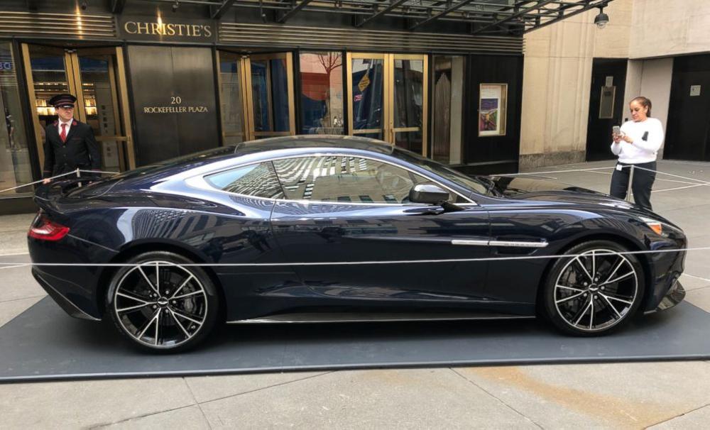 Christie's said Daniel Craig's Aston Martin Vanquish, seen on display in New York on April 13, 2018, has 1,770 kilometers on it and is street-ready.
