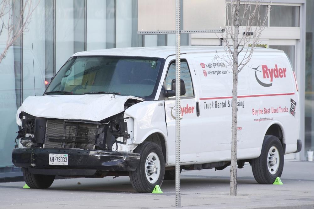 The front end damage of the van that the driver used to hit several pedestrians in Toronto, Ontario, on Monday on Monday. — AFP