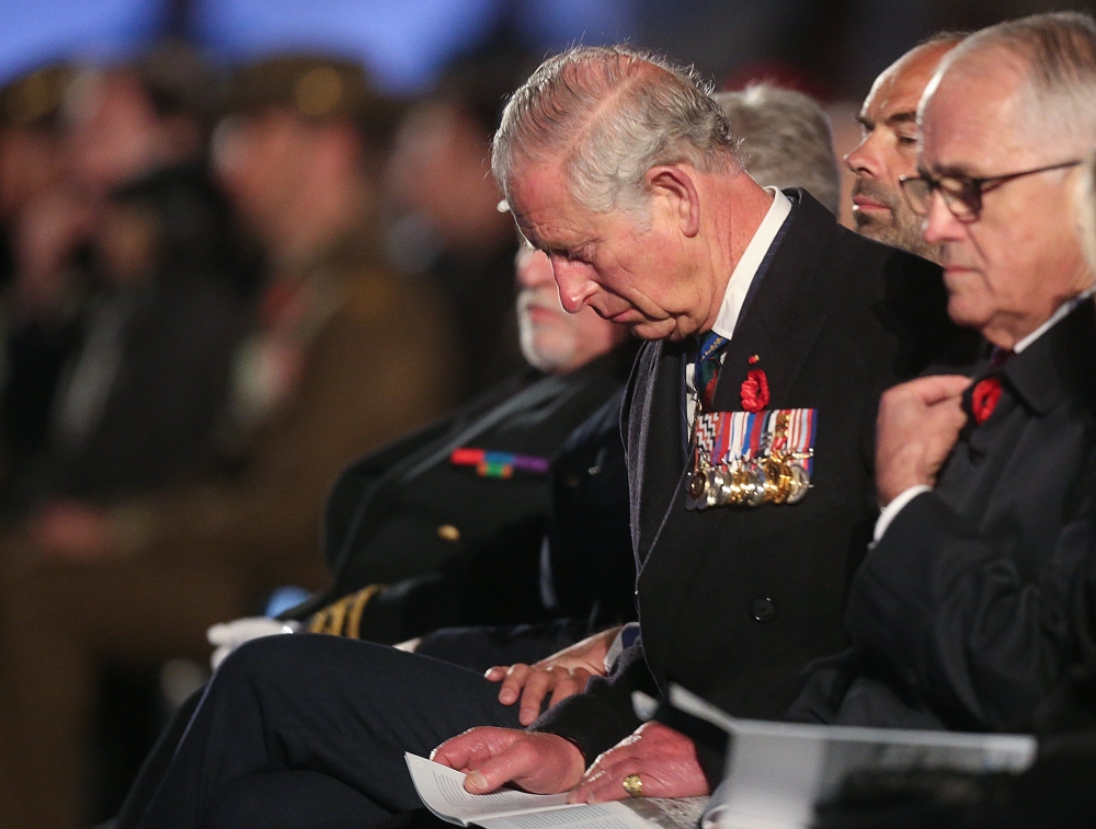 Britain’s Prince Charles, center, and Australian Prime Minister Malcolm Turnbull attend ceremonies marking the 100th anniversary of ANZAC (Australian and New Zealand Army Corps) day in Villers-Bretonneux, north-western France, on Wednesday. — EPA