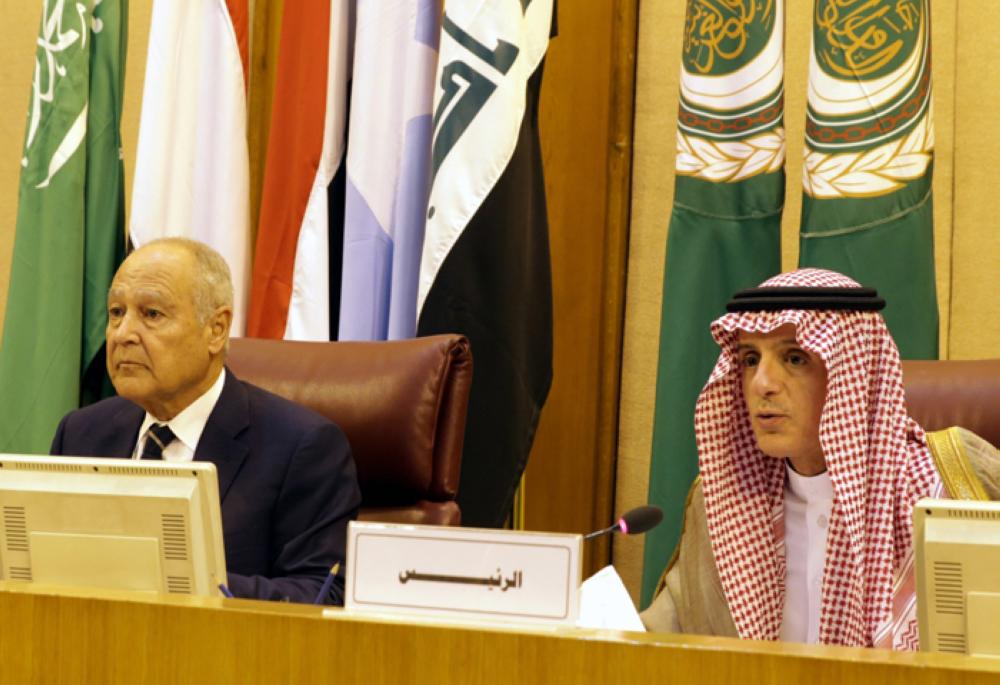 Minister of Foreign Affairs Adel Al-Jubeir and Arab League Secretary General Ahmed Aboul Gheit attend the extraordinary session of the Council of Arab Foreign Ministers in Cairo on Thursday. 