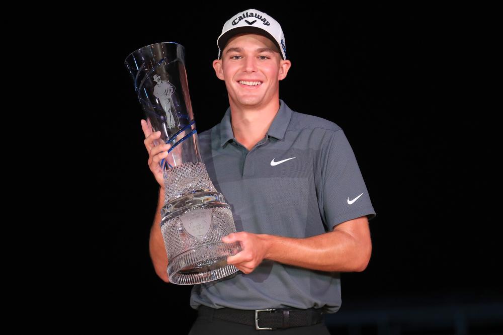 Aaron Wise poses with the trophy after winning the AT&T Byron Nelson at Trinity Forest Golf Club in Dallas, Texas, Sunday. — AFP 