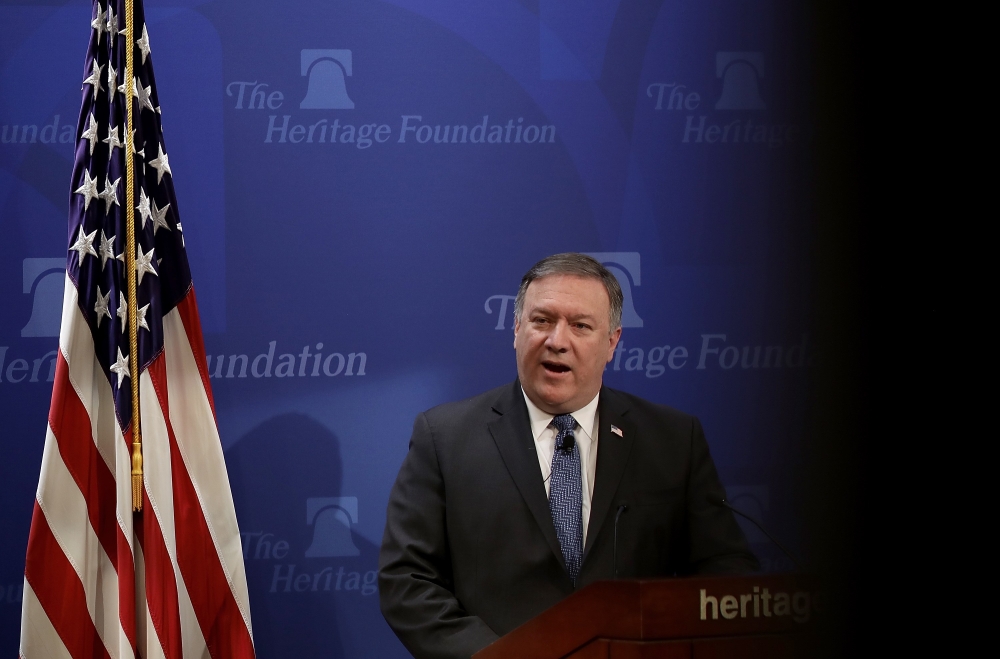 US Secretary of State Mike Pompeo speaks at the Heritage Foundation in Washington, DC, on Monday. — AFP