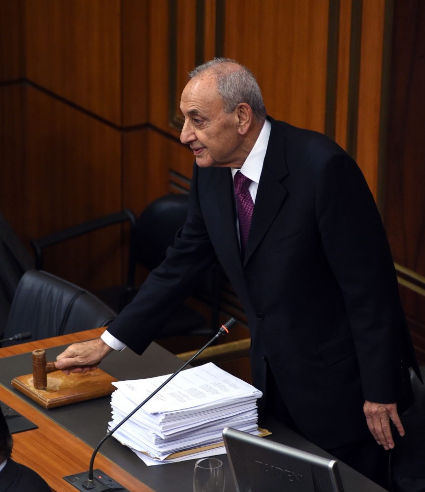 A handout picture released by the Lebanese Parliament shows parliament speaker Nabih Berri calling an end to a session in the capital Beirut.— AFP file photo