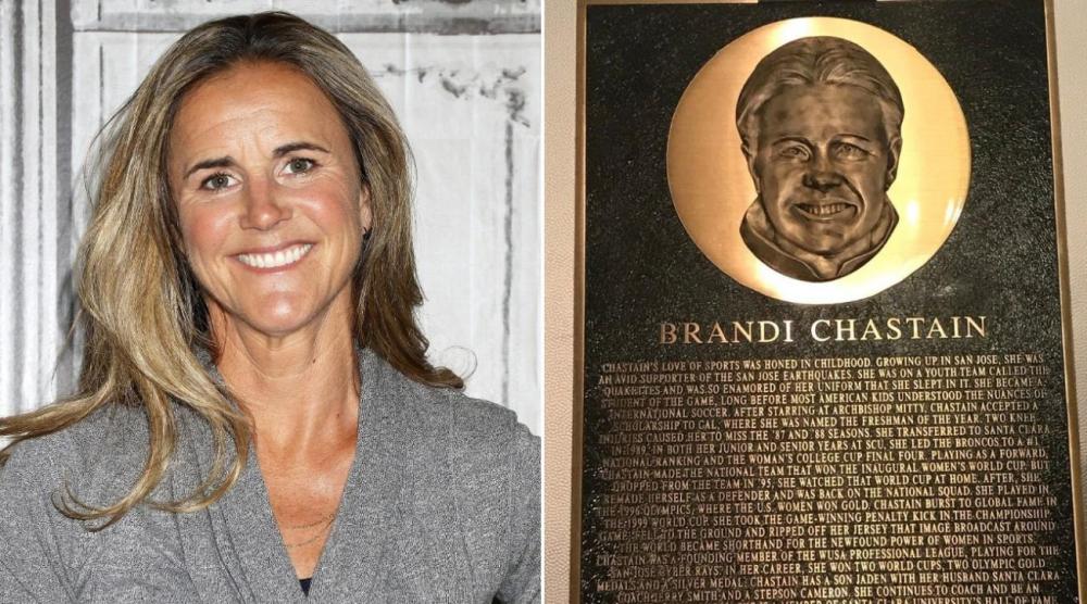 US soccer star Brandi Chastain and the bronze plaque unveiled in her honor in San Francisco, California on Tuesday. 