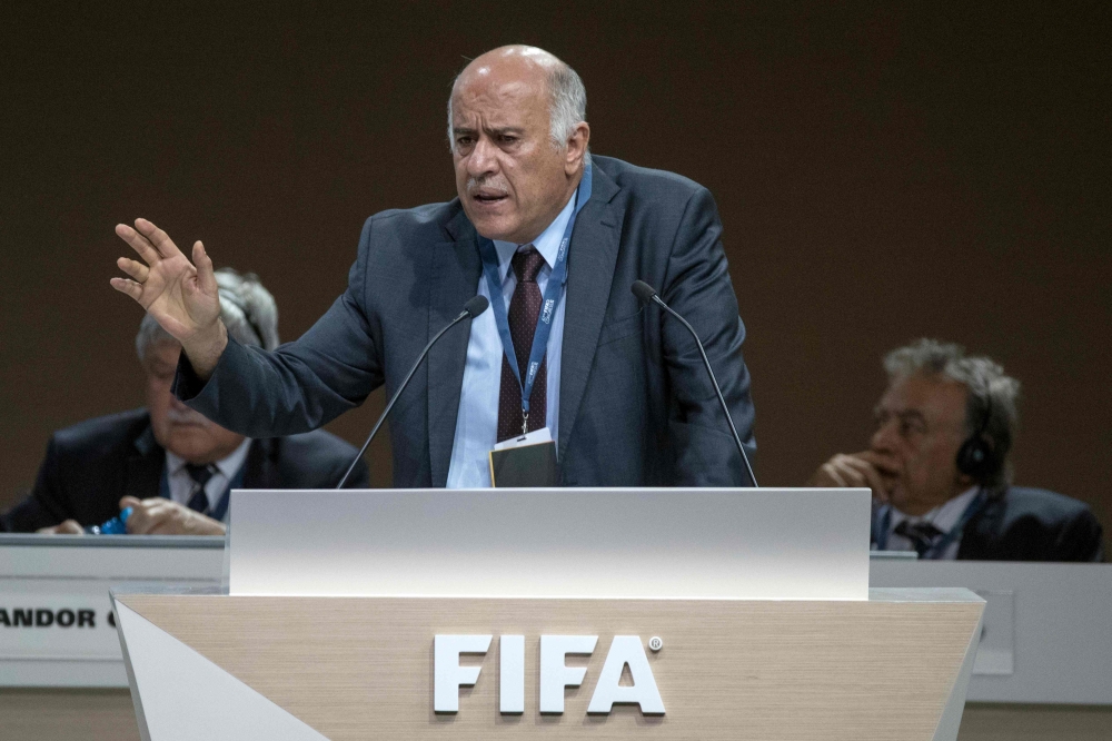In this file photo taken on May 11, 2017 Chairman of the Palestinian football association Jibril Rajoub delivers a speech during the 67th FIFA Congress in the Bahraini capital Manama. — AFP