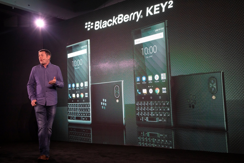 Gareth Hurn, Global Head of Device Portfolio for BlackBerry Mobile at TCL Communication introduces the new BlackBerry Key2 smartphone during a product launch event in Manhattan in New York, US, on Thursday. — Reuters
