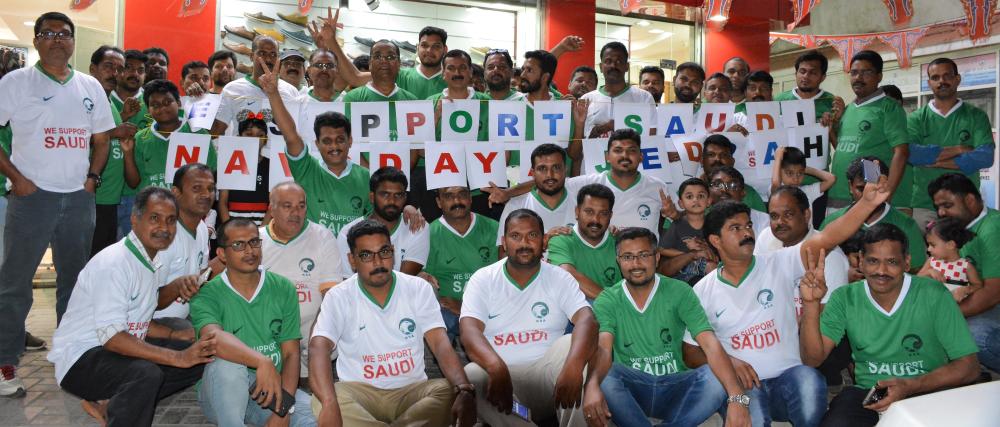 Members of Jeddah chapter of Navodaya Cultural Forum, wearing the green Saudi jersey with the logo of ‘We support Saudi,’ vowed their full support to the Saudi team in the 2018 World Cup. — Courtesy photo