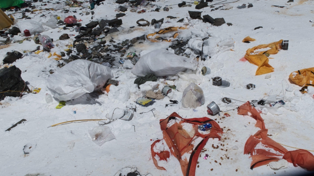 This May 20, 2018 file photo shows discarded climbing equipment and rubbish scattered around Camp 4 of Mount Everest. — AFP