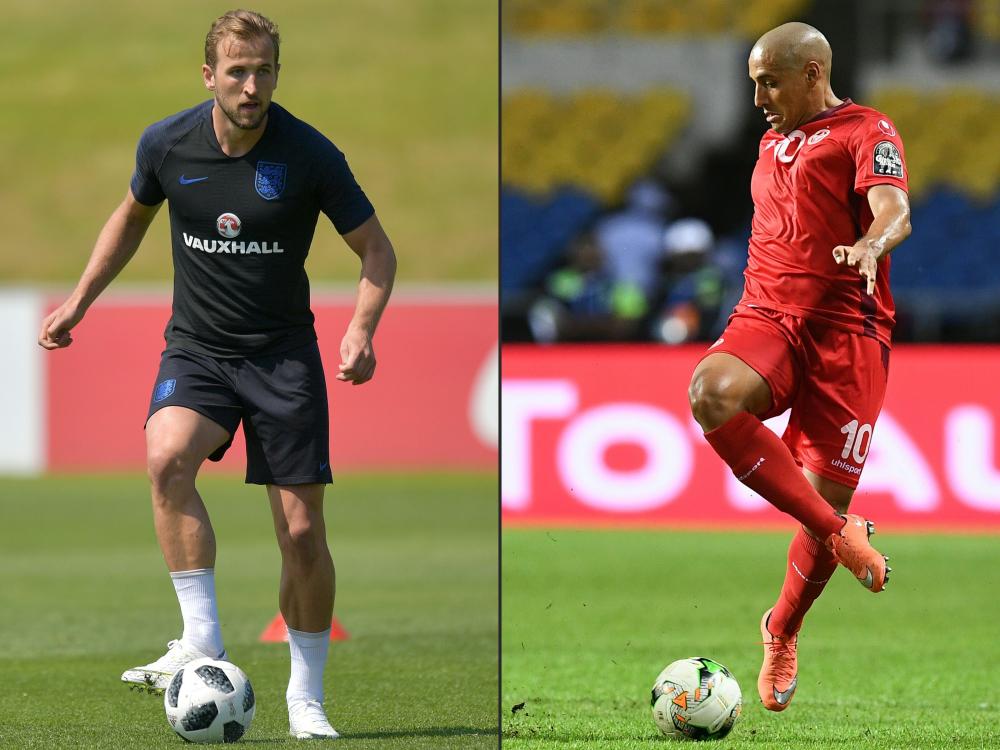 This combination of pictures created on June 16, 2018 shows England's striker Harry Kane (L) at St George's Park in Burton-on-Trent on May 22, 2018, and Tunisia's midfielder Wahbi Khazri in Libreville on January 23, 2017. — AFP