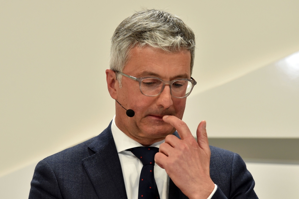 In this file photo CEO of the German car producer Audi AG, Rupert Stadler gestures during the annual press conference in Ingolstadt, southern Germany.  Audi chief executive Rupert Stadler has been arrested on suspicion of fraud in connection with parent company Volkswagen's 