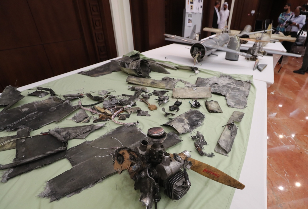 A picture taken on Tuesday shows debris of Iranian-made Ababil drones displayed Abu Dhabi, which the Emirati armed forces say were used by Houthi rebels in Yemen in battles against the coalition forces. — AFP