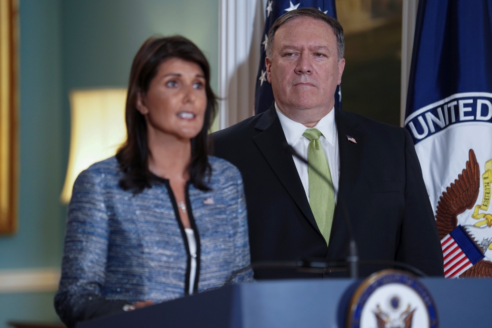 US Ambassador to the United Nations Nikki Haley delivers remarks to the press together with US Secretary of State Mike Pompeo, announcing the US’ withdrawal from the UN’s Human Rights Council at the Department of State in Washington on Tuesday. — Reuters