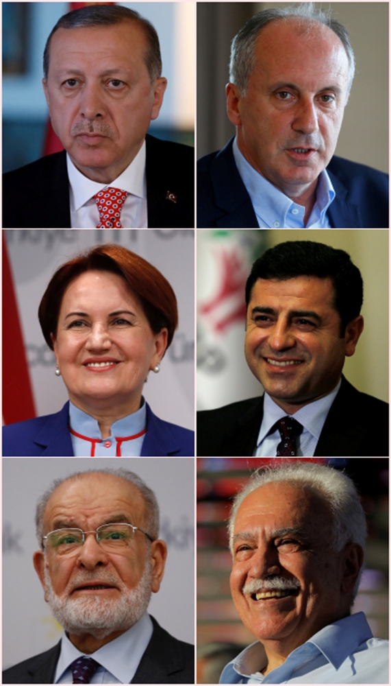 A combination of file pictures shows Turkey's presidential candidates for the election on June 24, 2018. First row, L-R: Turkish President and leader of AK Party Tayyip Erdogan, Muharrem Ince, candidate of Turkey's main opposition Republican People's Party (CHP). Second row, L-R: Iyi (Good) Party leader Meral Aksener, Selahattin Demirtas, jailed former co-leader of pro-Kurdish Peoples' Democratic Party (HDP). Third row, L-R: Temel Karamollaoglu, leader of Islamist Saadet Party and Dogu Perincek, leader of Vatan Party. — Reuters