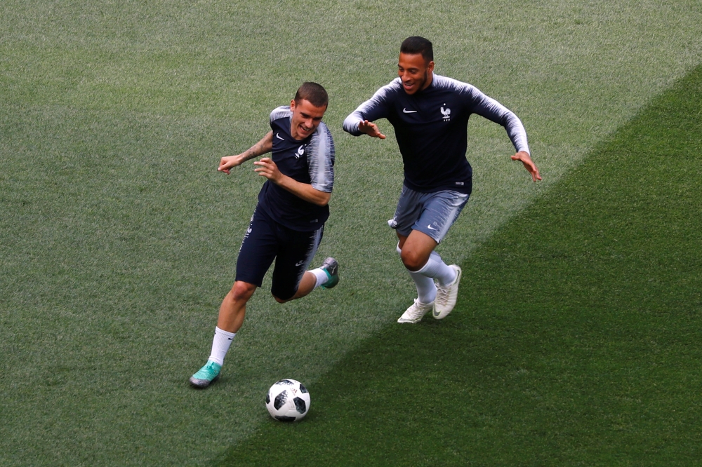 France's Antoine Griezmann and Corentin Tolisso during training at the Luzhniki Stadium, Moscow, Russia. — Reuters  
