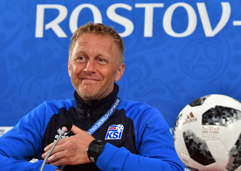 Iceland's coach Heimir Hallgrimsson gives a press conference, on Monday at Rostov arena, on the eve of the team's third match as part of the Russia 2018 World Cup football tournament. — AFP