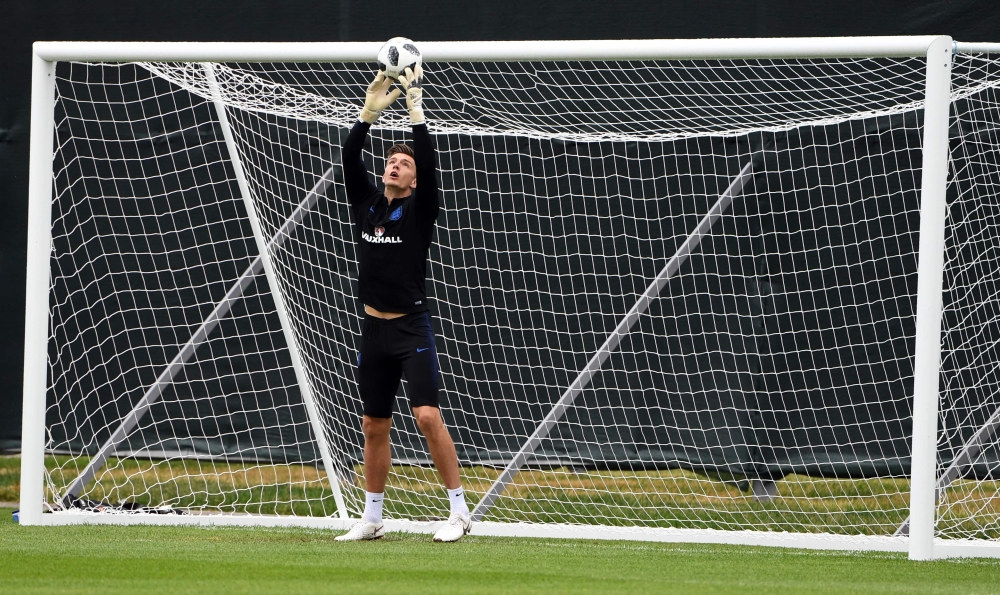England's goalkeeper Nick Pope takes part in a training session in Repino on Monday during the Russia 2018 World Cup football tournament. — AFP