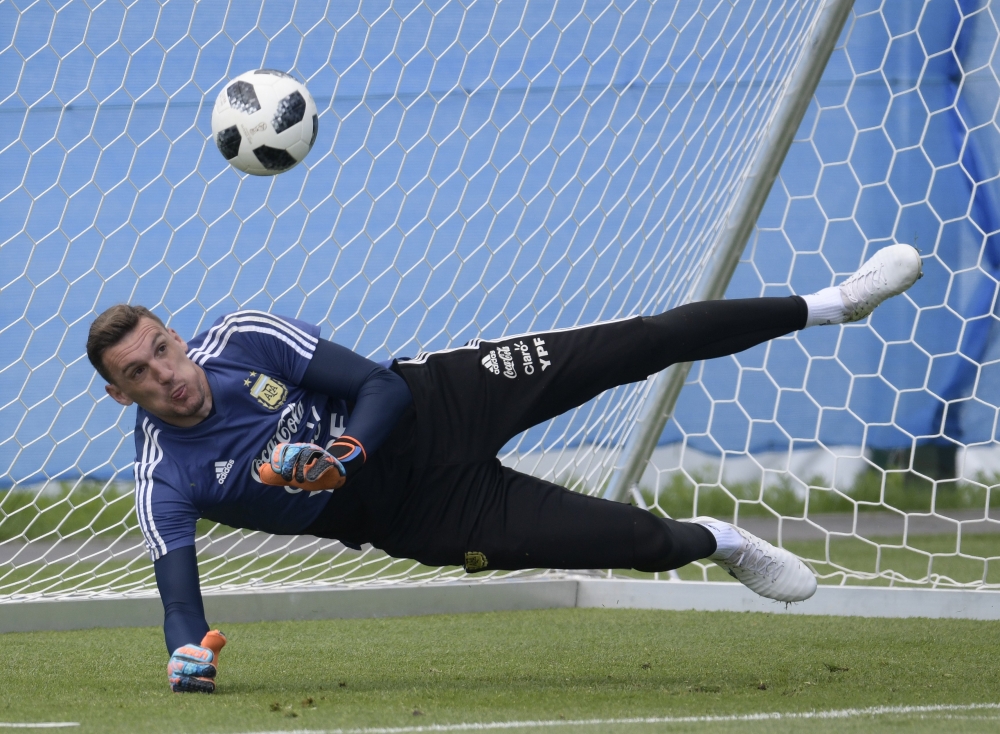 Argentina's goalkeeper Franco Armani takes part in a training session at the team's base camp in Bronnitsy on Monday ahead of their Russia 2018 World Cup Group D football match against Nigeria. — AFP