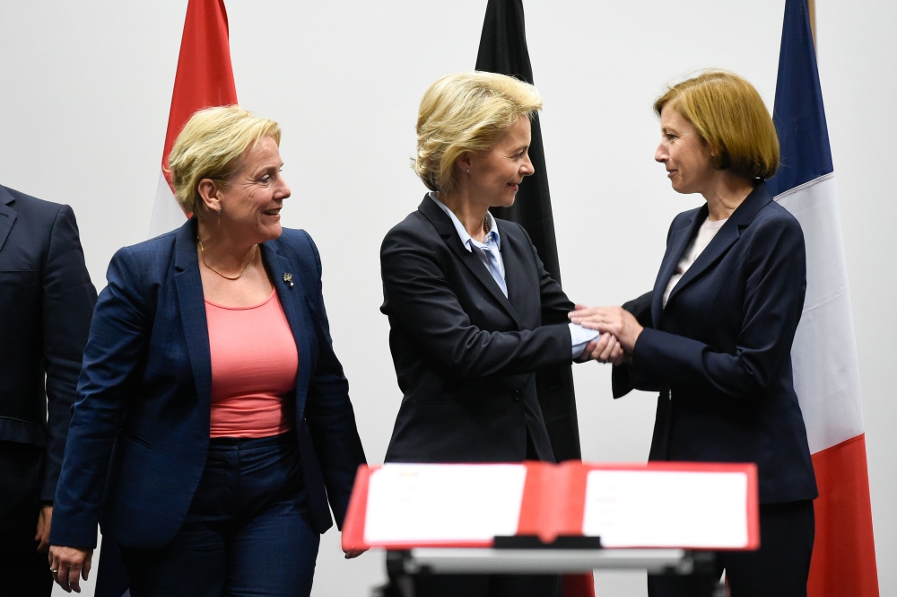 Dutch Defense Minister Ank Bijleved, left, German Defense Minister Ursula von der Leyen, center, French Defense Minister Florence Parly attend at the ceremony on European Intervention Initiative during a Foreign Affairs and Defense ministers meeting in Luxembourg on Monday. — AFP