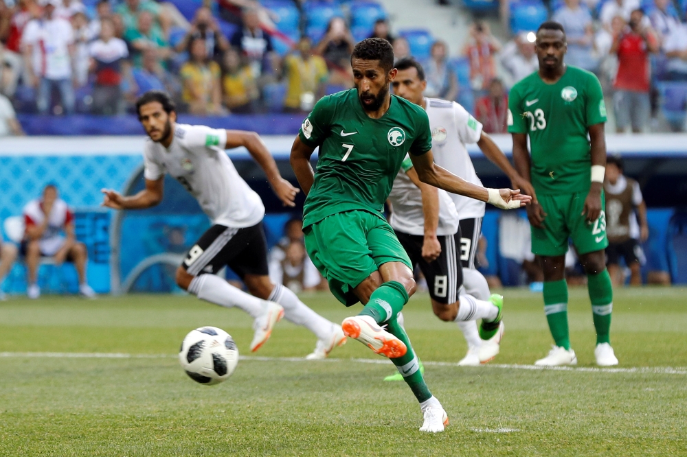 Saudi Arabia's Salem Al-Dawsari scores their second goal against Egypt during the World Cup Group A match at the Volgograd Arena, Volgograd, Russia, on Monday. — Reuters 