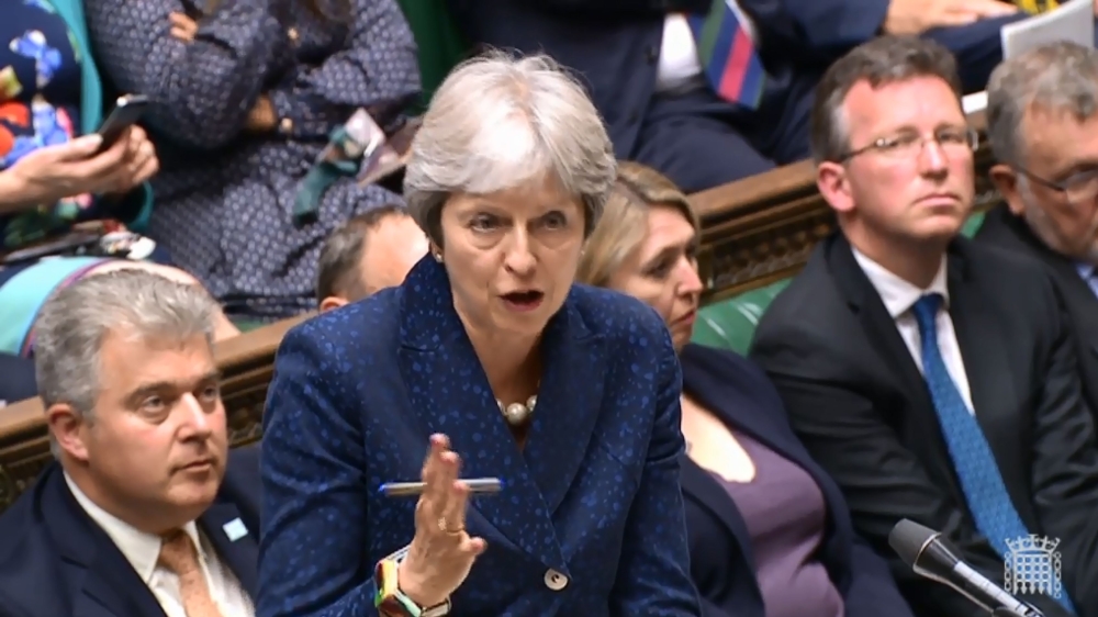 A video grab from footage broadcast by the UK Parliament’s Parliamentary Recording Unit (PRU) shows Britain’s Prime Minister Theresa May  speaking in the House of Commons on Brexit in London on Monday. — AFP