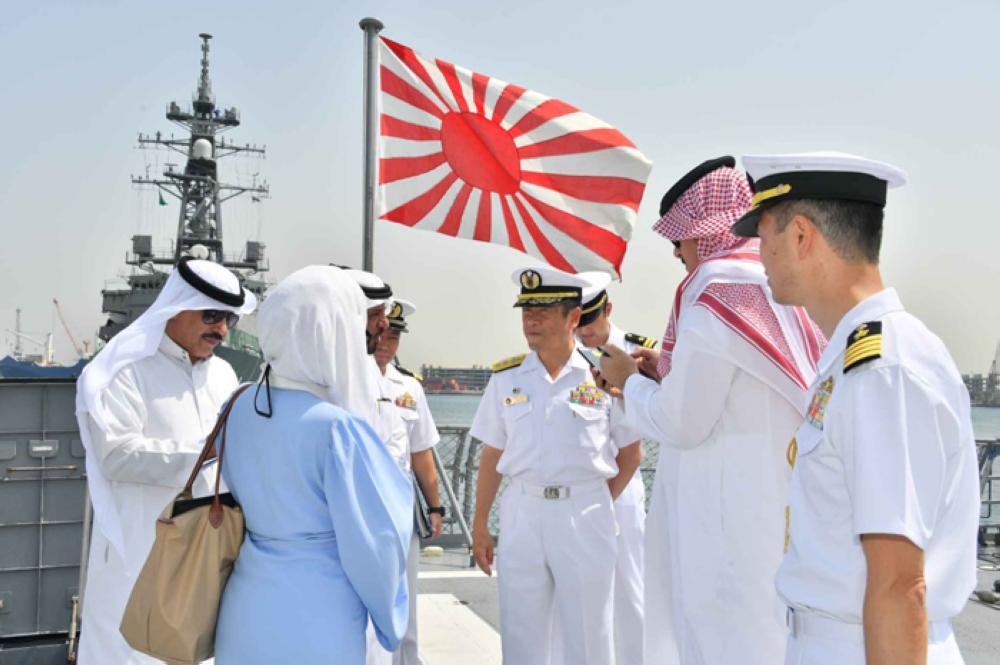 Rear Adm. Hiroyuki Izumi receives visitors aboard the Japanese destroyer ‘Makinami’ at Jeddah Islamic Port on Saturday.
