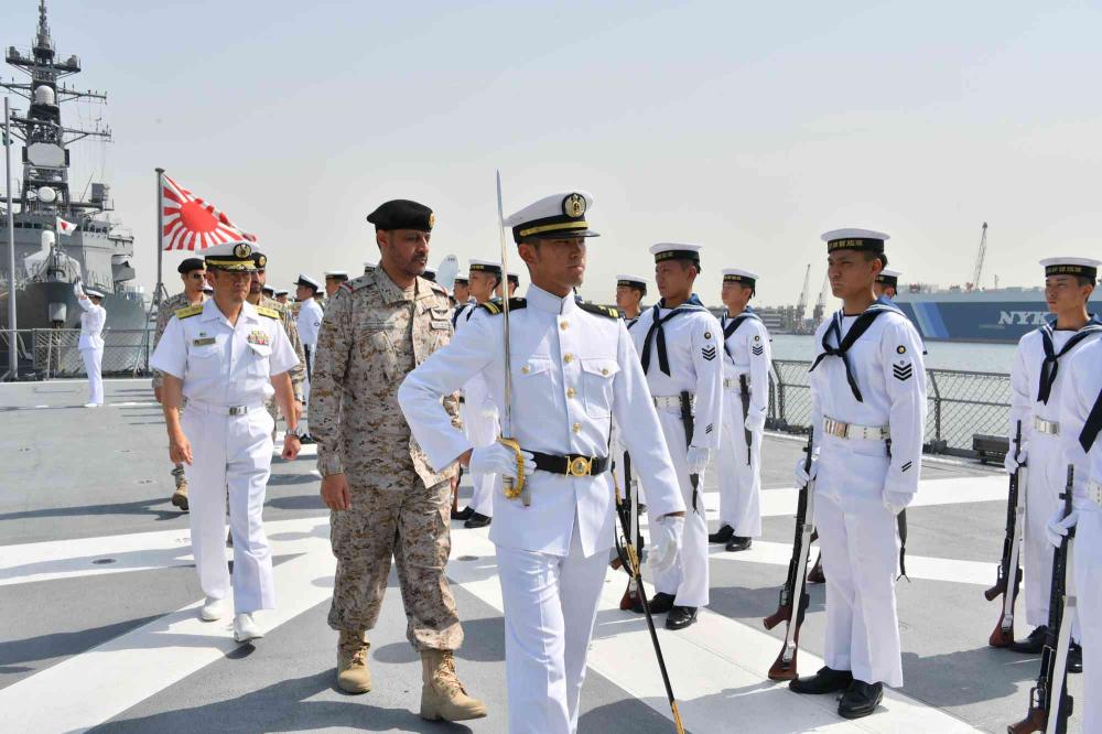 Rear Adm. Hiroyuki Izumi receives visitors aboard the Japanese destroyer ‘Makinami’ at Jeddah Islamic Port on Saturday.