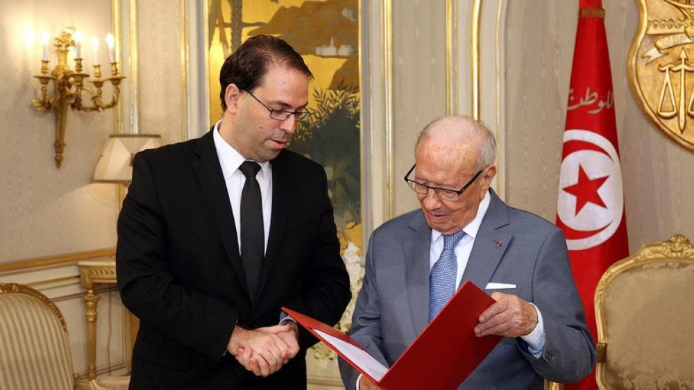 Tunisia's Prime Minister Youssef Chahed presenting his new Cabinet to President Beji Caid Essebsi at the Carthage Palace. in this file photo. — AFP