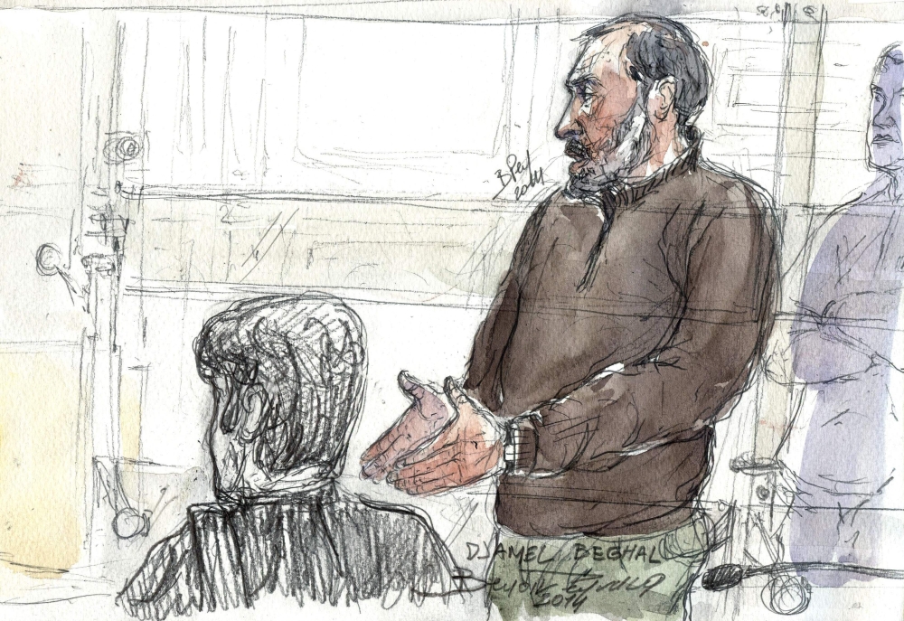 A file court sketch made on Oct. 7, 2014 shows Djamel Beghal during his appeal trial at the Paris courthouse. Djamel Beghal, known as the mentor of the Kouachi brothers and Amedy Coulibaly, the authors of the Paris terror attacks in January 2015, was deported to Algeria after his release from the Rennes-Vezin prison on Monday.  — AFP