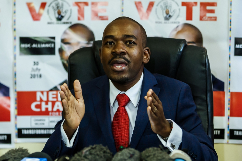 Zimbabwe’s Movement for Democratic Change (MDC) party leader Nelson Chamisa holds a press conference at the MDC headquarters in Harare, in this July 17, 2018 file photo. — AFP