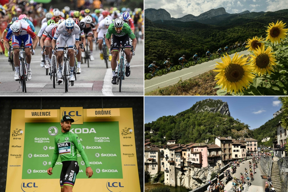 This combination of photos taken during the 13th stage of the 105th edition of the Tour de France cycling race, between Le Bourg-d'Oisans and Valence, on Friday shows (Clockwise From Top L) Slovakia's Peter Sagan (R), wearing the best sprinter's green jersey, sprinting in the last meters to cross the finish line and win the stage, ahead of Norway's Alexander Kristoff (C) and France's Arnaud Demare (L) - The pack riding past sunflowers - The pack riding through the village of Pont-en-Royans - Slovakia's Peter Sagan, wearing the best sprinter's green jersey, looking on from the podium after winning the stage.— AFP