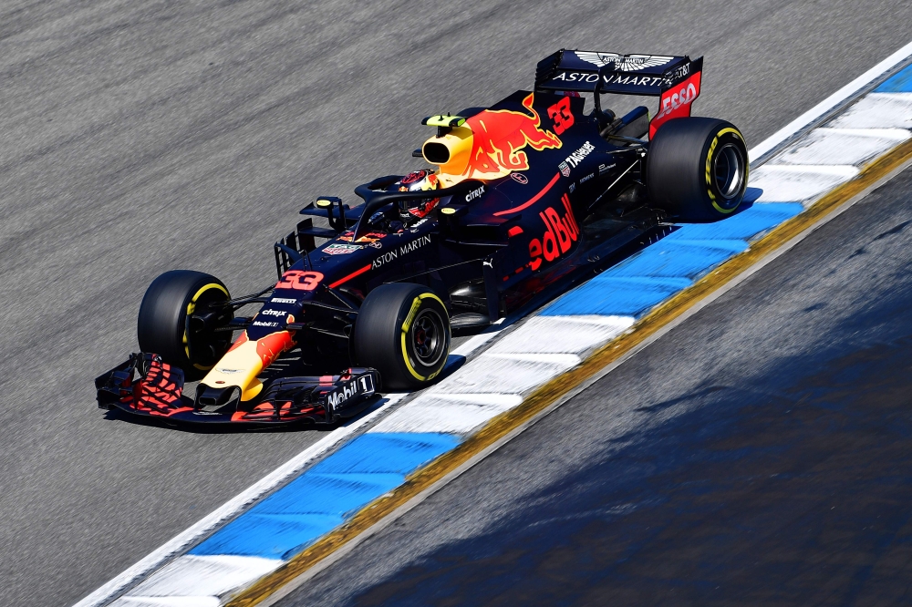 Red Bull's Dutch driver Max Verstappen steers his car during the second free practice session ahead of the German Formula One Grand Prix at the Hockenheimring racing circuit on Friday in Hockenheim, southern Germany. — AFP