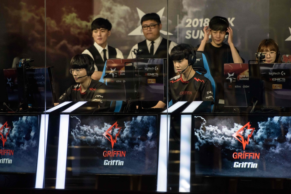 Members of professional eSports team Griffin prepare to compete in a League of Legends competition in Seoul. - AFP