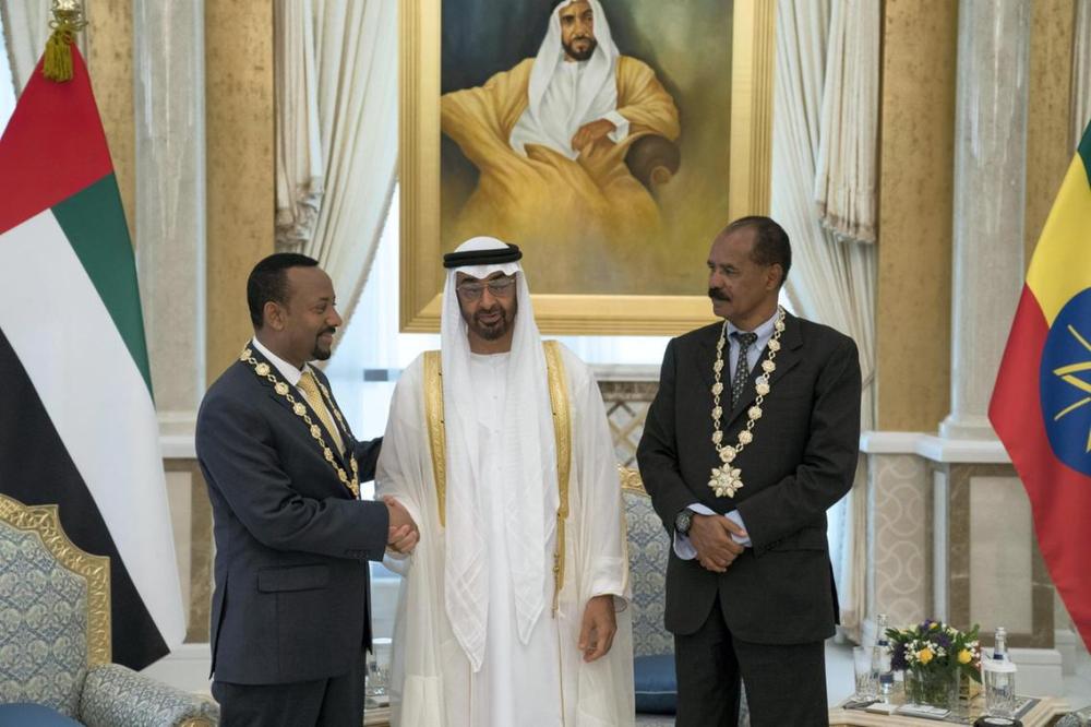 Ethiopian Prime Minister Abiy Ahmed and Eritrean President Isaias Afwerki pose with Sheikh Mohammad Bin Zayed, crown prince of Abu Dhabi and deputy supreme commander of the UAE Armed Forces, after receiving the awards. — Courtesy photo