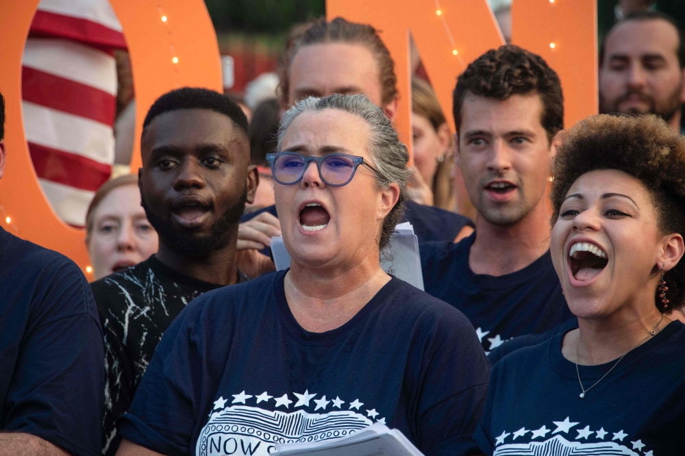 US comedian Rosie O'Donnell, along with other Broadway performers, sing during a protest against US President Donald Trump in front of the White House, Monday.  — AFP