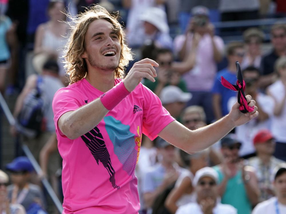 Stefanos Tsitsipas reacts after defeating Kevin Anderson in the semifinals of the Rogers Cup Tennis Tournament at Aviva Centre in Toronto Saturday. — Reuters 