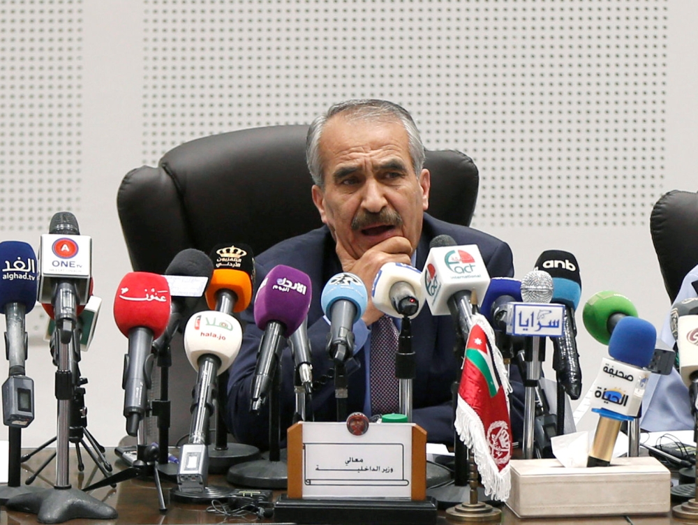 Jordanian Interior Minister Sameer Al-Mobaideen gestures as he talks during a news conference in Amman, Monday. — Reuters