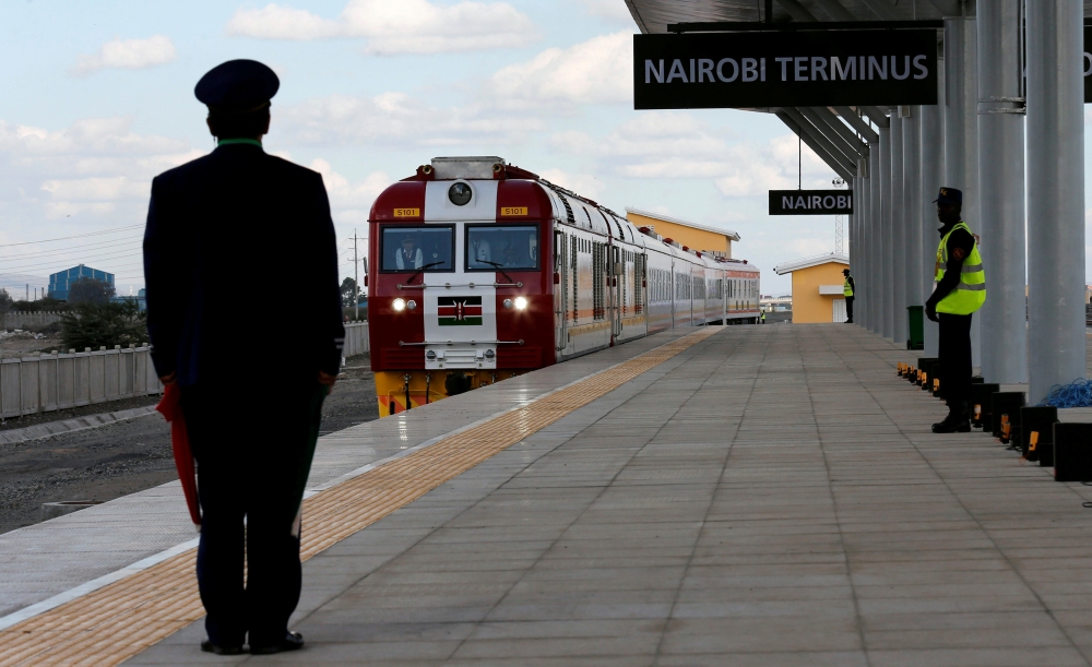 A train launched to operate on the Standard Gauge Railway (SGR) line constructed by the China Road and Bridge Corporation (CRBC) and financed by Chinese government arrives at the Nairobi Terminus on the outskirts of Nairobi, Kenya, in this May 31, 2017 file photo. — Reuters