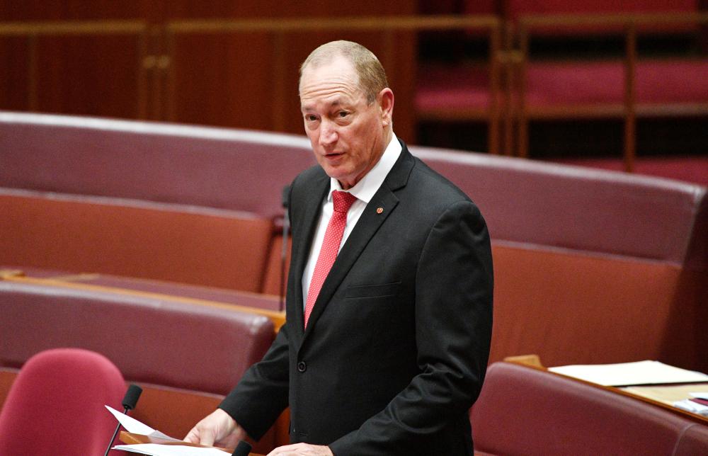 Katter’s Australia Party senator Fraser Anning makes his maiden speech in the Senate chamber at Parliament House in Canberra on Tuesday. — Reuters