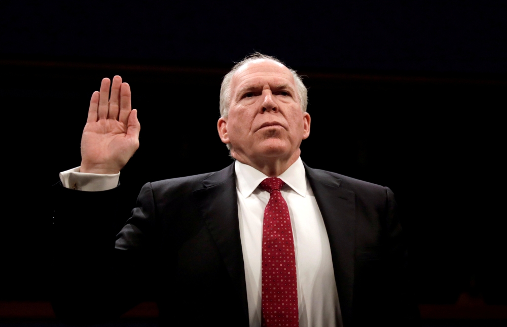 Former CIA director John Brennan is sworn in to testify before the House Intelligence Committee to take questions on “Russian active measures during the 2016 election campaign” on Capitol Hill in Washington in this May 23, 2017 file photo. — Reuters