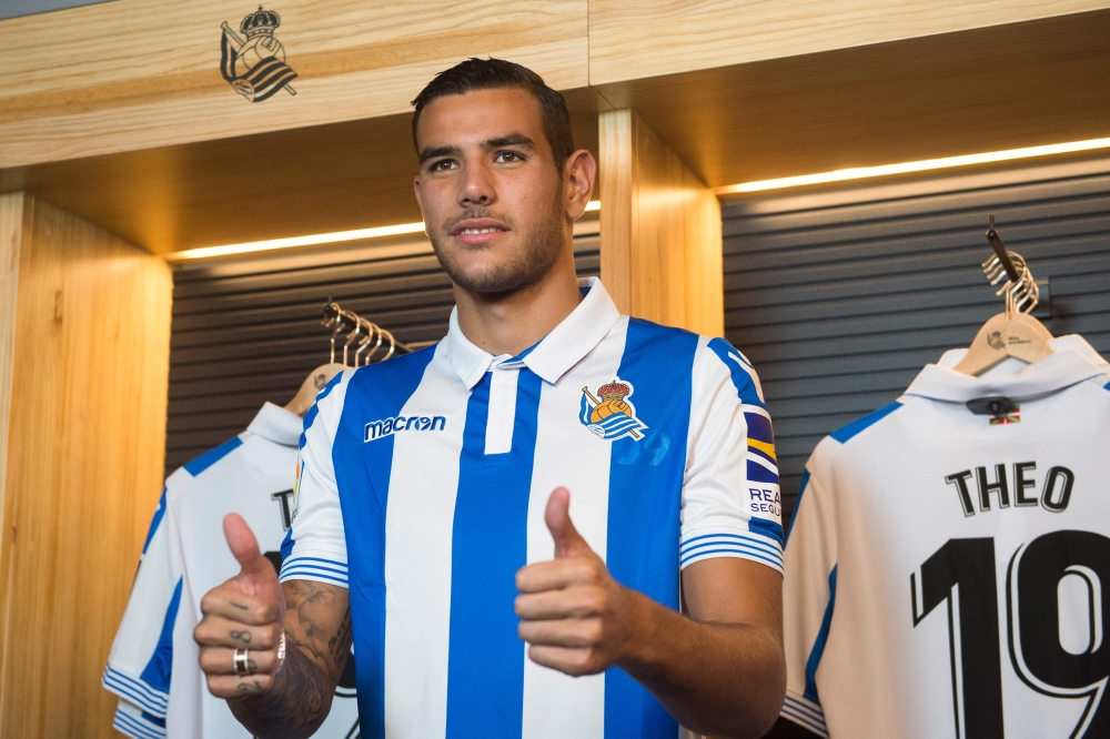 Real Sociedad's new French defender Theo Hernandez poses during his official presentation in the Spanish Basque city of San Sebastian on Thursday. — AFP