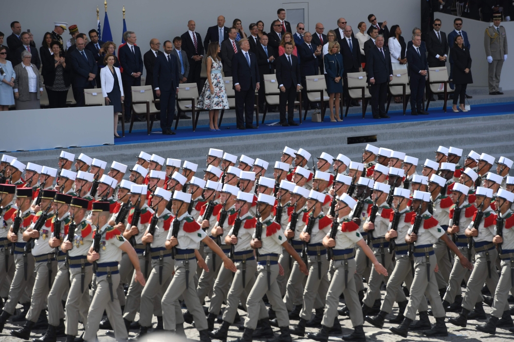 From left: French Defense Minister Florence Parly, French Prime Minister Edouard Philippe, US President Donald Trump and his wife First Lady Melania Trump, French President Emmanuel Macron and his wife Brigitte Macron, Senate President Gerard Larcher, the President of the French National Assembly Francois de Rugy and the Mayor of Paris Anne Hidalgo watch a military parade on the Champs-Elysees avenue in Paris in this July 14, 2017 file photo. — AFP