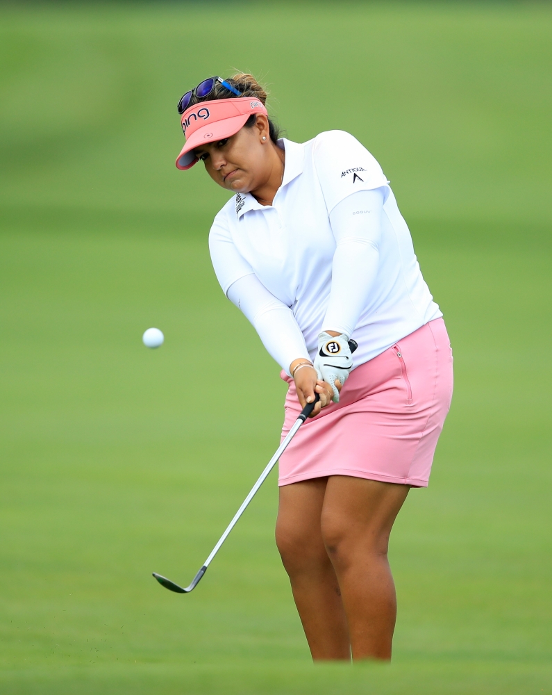 INDIANAPOLIS, IN - AUGUST 16: Lizette Salas hits her third shot on the 13th hole during the first round of the Indy Women In Tech Championship-Presented By Guggenheim on August 16, 2018 in Indianapolis, Indiana.   Andy Lyons/Getty Images/AFP
== FOR NEWSPAPERS, INTERNET, TELCOS & TELEVISION USE ONLY ==
