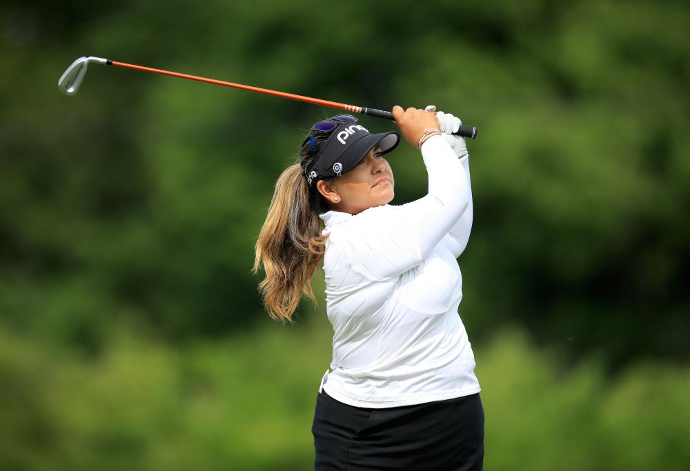 Lizette Salas hits her tee shot on the 7th hole during the third round of the Indy Women In Tech Championship Driven by Group 1001 at the Brickyard Crossing Golf Club in Indianapolis Saturday. — AFP 