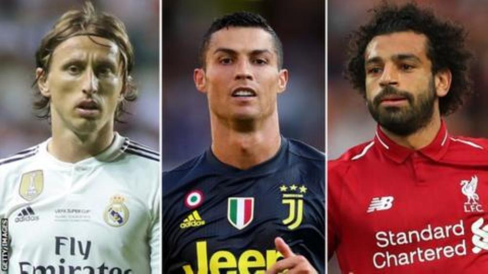 (L-R) Luka Modric, Cristiano Ronaldo and Mohamed Salah