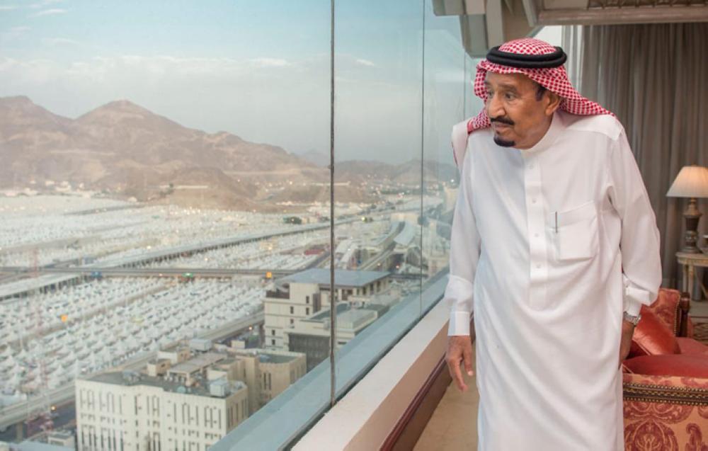 Custodian of the Two Holy Mosques King Salman arrives at Mina Palace on Monday to oversee the Kingdom’s Haj operation -SPA