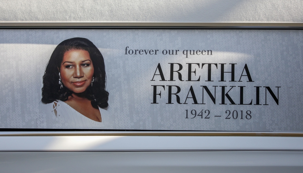 A sign tribute to soul music icon Aretha Franklin sits on a hearse outside Greater Grace Temple during her funeral in Detroit, Michigan, in this Aug. 31, 2018 file photo. — AFP