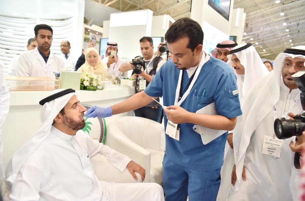 
Minister of Health Dr. Tawfiq Al-Rabiah getting a health check-up during the inauguration of the Global Health Congress at the Riyadh International Convention and Exhibition Center on Monday. — SPA
