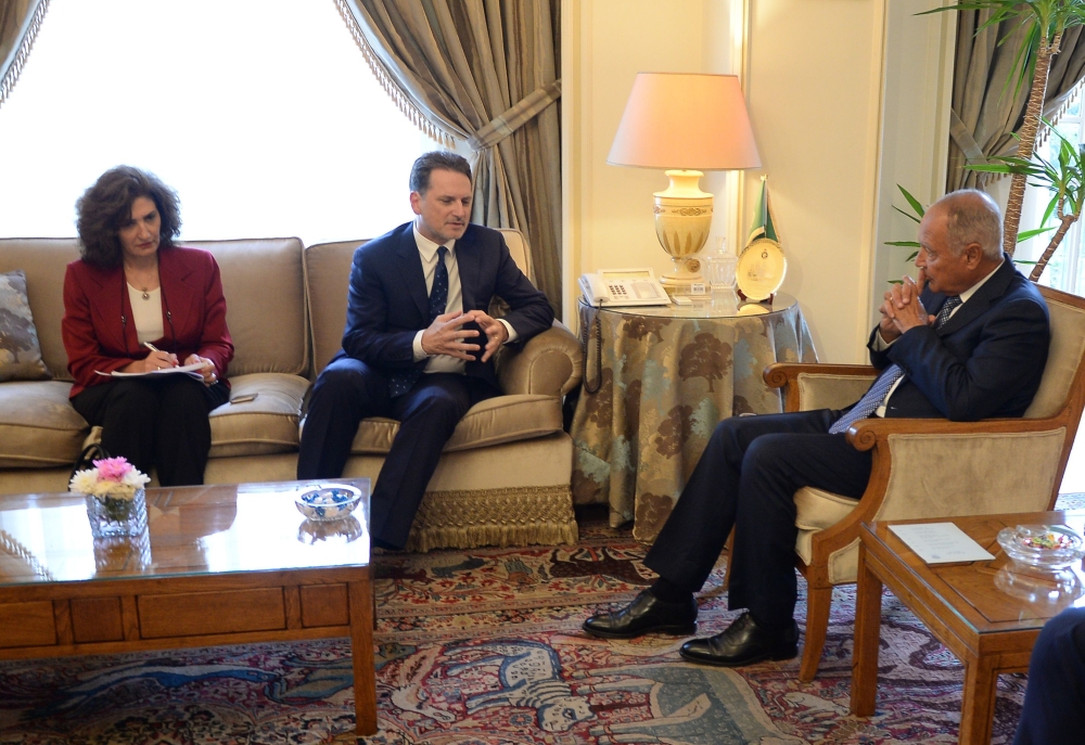 Arab League Secretary-General Ahmed Abul Gheit (R) receives Pierre Krahenbuhl (C) Commissioner-General of the United Nations Relief and Works Agency for Palestine Refugees (UNRWA), at the Arab League's headquarters in the Egyptian capital of Cairo on September 10, 2018. The meeting come after the latest decision by the United States to cut all funding to the UN Relief and Works Agency for Palestine refugees (UNRWA) which helps some three million needy refugees across the Middle East. — AFP